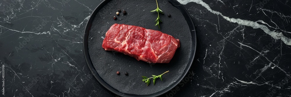 Poster A tender piece of steak placed on a sleek black plate made of elegant marble, captured from a top-down view