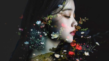 Nature-Inspired: Young Asian Korean Woman amidst Scenic Nature and Vibrant Florals