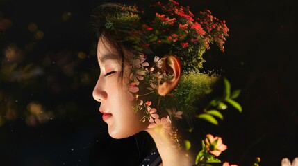 Nature-Inspired: Young Asian Korean Woman amidst Scenic Nature and Vibrant Florals