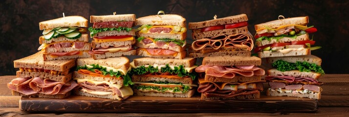 A stack of various sandwiches neatly arranged on top of a wooden table