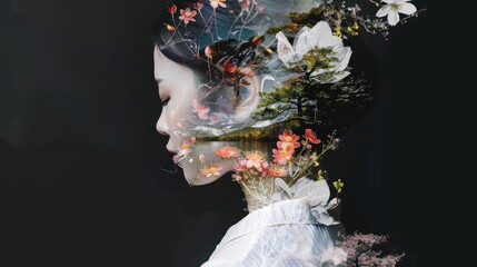 Floral Silhouette Dreamlike Double Exposure of a Young Asian Korean Woman with Vibrant Florals