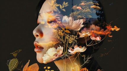 Floral Silhouette Dreamlike Double Exposure of a Young Asian Korean Woman with Vibrant Florals