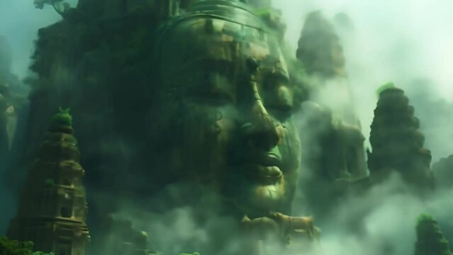 A mountain of a face Budda displayed in a forest setting