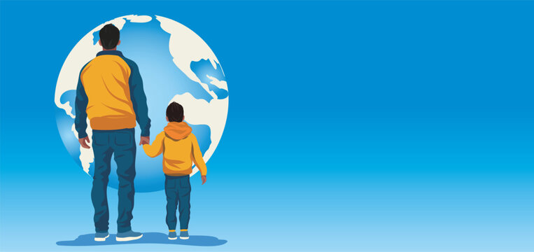 Vector horizontal banner stylish bright illustration of father and son standing back to face against the background of the blue sky and planet Earth. Father's Day greeting card