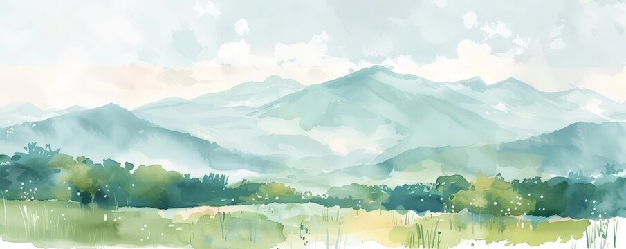 The watercolor painting shows a beautiful landscape with green mountains and hills. The sky is light blue and cloudy. The foreground is a meadow with long green grass.
