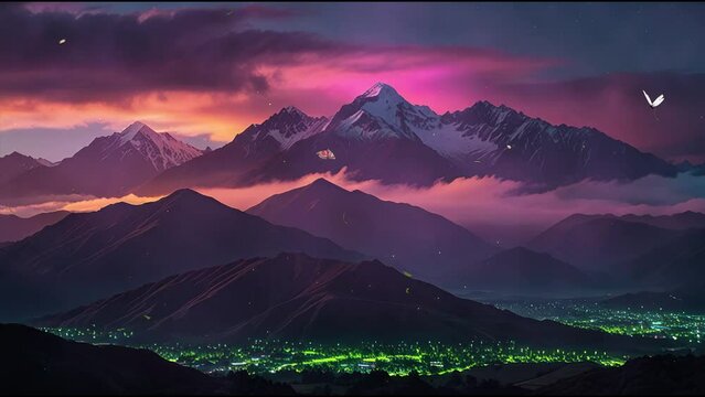 A mountain landscape at sunset with purple and pink clouds and a green valley below.