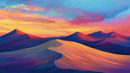 Naklejka premium A serene desert landscape at sunset, with sand dunes and a sky painted with vibrant colors