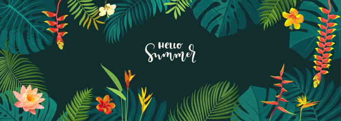 Hello Summer vector tropical jungle horizontal, banner template. Calligraphic summer design. Monstera, hibiscus, bird of paradise flowers, tropical plants. Summertime aloha illustration