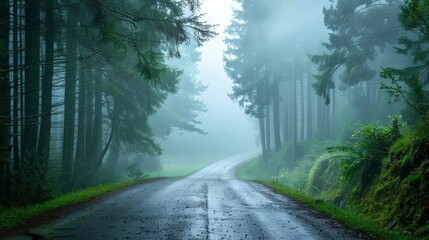 Obraz premium The foggy forest road shrouded in mist, with tall trees on both sides, creating a mysterious and serene environment for a morning walk or drive.