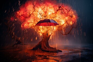 Striking composite image depicting a lone umbrella against a blazing tree amidst a downpour - Powered by Adobe