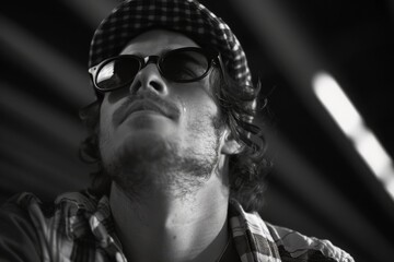 photo of slacker, young man in sunglasses and checkered hat looking up, his face partly in shadow, portraying a laid-back vibe
