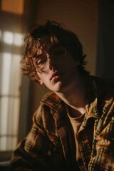 Indoor shot of a young man with curly hair and glasses, illuminated by natural light, his gaze introspective and pensive