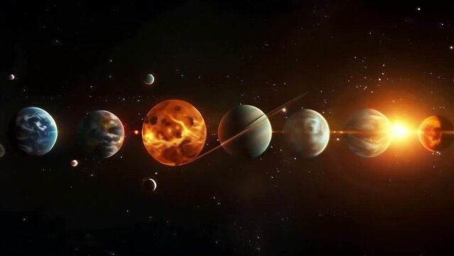 View of eight planets orbiting around the sun in space