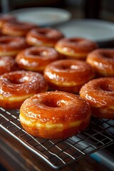 Freshly Fried Dozen Glazed Donuts on Mesh Tray in Retro Dunkin’ Donuts Shop