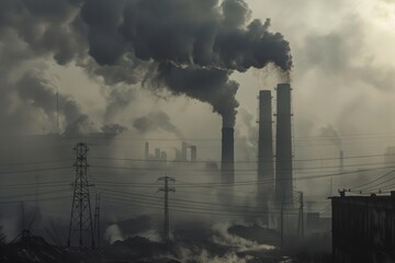 Dramatic industrial landscape with towering smokestacks emitting dense smoke into the sky, a stark symbol of environmental impact and idle progress