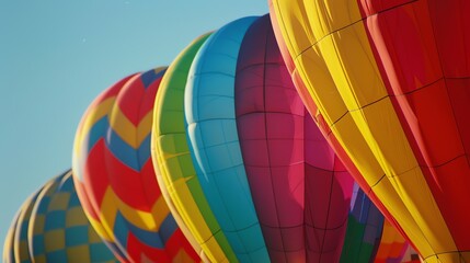 A beautiful day for a hot air balloon ride. The sky is clear and the sun is shining. The balloons are all different colors and shapes.