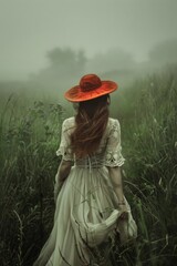 Mysterious scene of a woman wandering alone in a foggy field, her red hat the only splash of color in the muted landscape, photo of idleness