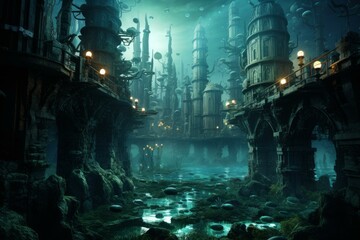 Obraz premium Enchanting digital artwork of an underwater city with illuminated buildings amidst the ocean depths