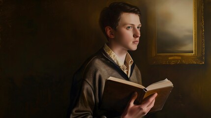 Young man in vintage attire reading a book in a dimly lit room with a framed painting. Calm and contemplative mood. - Powered by Adobe