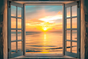 View from a room at sea during sunset through an open window.