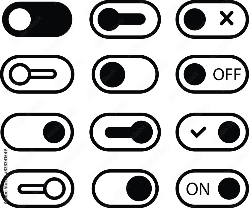 Poster set of open and close, active and inactive vectors icons. black on and off toggle switch buttons. se