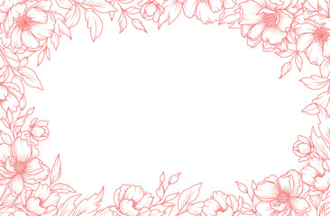 Flower frame in line art style. Background with luxury pink pattern of peonies flowers, branches, leaves on a white background. Vector illustration with drawn elegant vintage botanical elements 