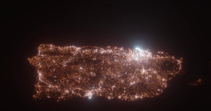 Puerto Rico island (Puerto Rico) aerial view at night. Top view on modern city with street lights. Camera is flying above the city, moving backward