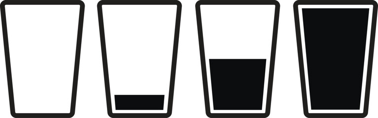 Set of Milk or juice Cup icons. Water glass symbols in Black colors. Water glass vectors signs. Drink vector illustration for website in trendy flat styles isolated on transparent background.