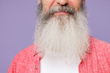 Close up cropped young elderly gray-haired mustache bearded man 50s years old wears pink shirt casual clothes looking camera isolated on plain pastel light wall purple background. Lifestyle concept.