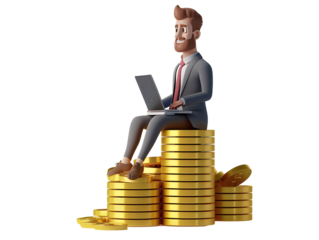 a cartoon character sitting on a stack of gold coins