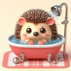 cute hedgehog bathing in bathtub cartoon 3d Generative AI