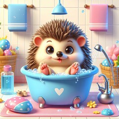 cute hedgehog bathing in bathtub cartoon 3d Generative AI