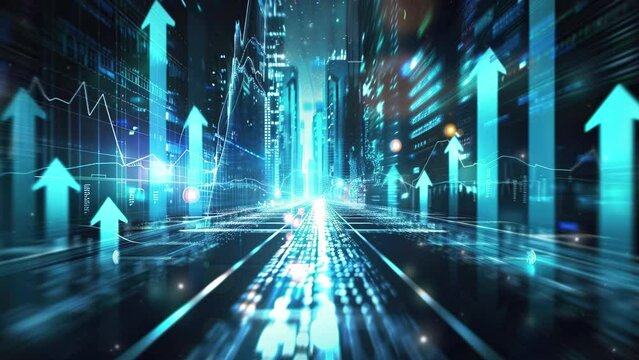 Modern cityscape and communication network concept. a 3d bar chart with digital background with lines symbolizing economic growth. techno-financial environment. Smart city futuristic infrastructure.  - Powered by Adobe