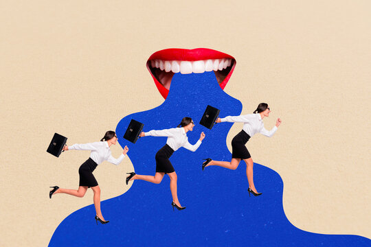 Creative collage young attractive businesswoman run mouth face fragment lips teeth eat surreal weird psychedelic concept career
