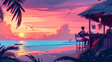 Serene Tropical Sunset with Solitary Figure at Beachside Bar