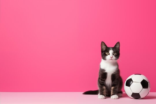 Cute black anh white cat with a soccer ball on pink background. Pet and hobby. Classic football. Sport game. Sports betting, competitions. Active lifestyle