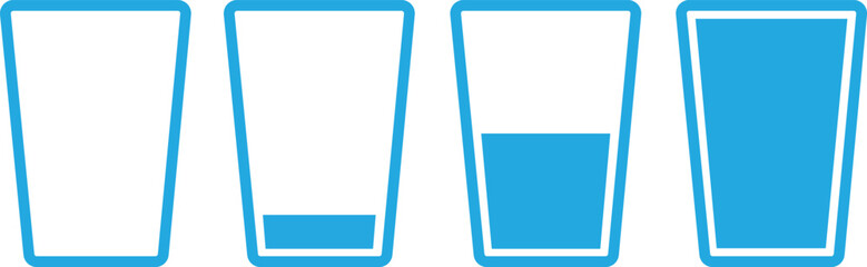 Set of Milk or juice Cup icons. Water glass symbols in blue colors. Water glass vectors signs. Drink vector illustration for website in trendy flat styles isolated on transparent background.