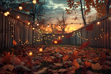 A cozy autumnal scene with fallen leaves and twinkling string lights, set against a backdrop of rustic wooden fences and golden hour skies.