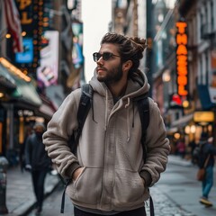Obraz premium man walking down city street in winter