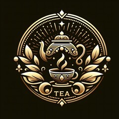 AI Generate of Luxury Cup of Tea, Tea Pot, Tea Leaf, Logo Concept Stock Vector with Dark Background