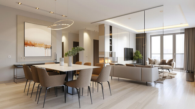 Modern dining room and living area with sleek interior design
