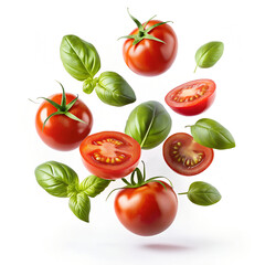 Fresh Cherry Tomatoes and Basil Leaves Floating Against White Background in Mid-Air