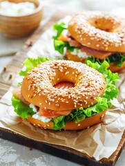 Close-Up Bagel with Salmon, Cream Cheese & Lettuce