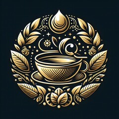 AI Generate of Luxury Cup of Tea, Tea Pot, Tea Leaf, Logo Concept Stock Vector with Dark Background