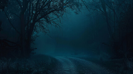 Mysterious dark forest with foggy path and moody atmosphere
