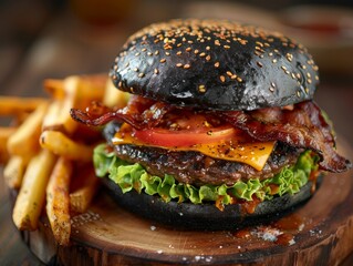 Black Bun Burger with Fresh Ingredients and Fries