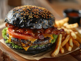 Black Bun Burger with Fresh Ingredients and Fries