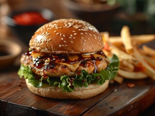 Double Decker Black Bun Burger with Fries