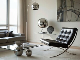 A sleek black leather chair near a large window. Pair it with a glass coffee table and a few metallic accents