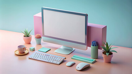 3d render of Mock up blank screen computer isolated on pastel background 